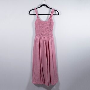 Wilfred Aritzia Alice Scoopneck Fit Flare Smocked Bodice Midi Dress Tart Pink